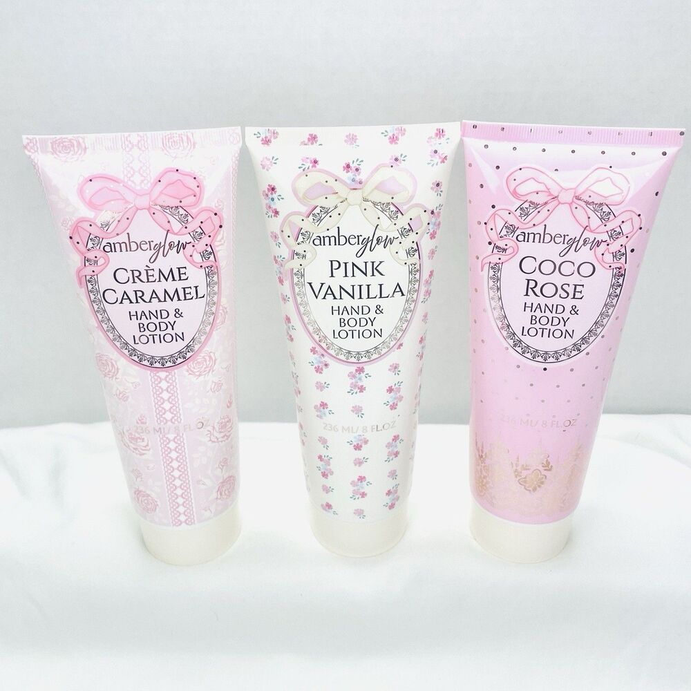 3 Pc Amber Glow Hand & Body Lotion Pink Vanilla - Crème Caramel - Coco Rose